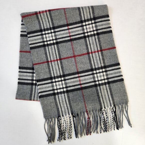 V. Fraas Cashmink Scarf 11" X 54" Gray Plaid Acrylic With Fringe Made In Germany - Picture 5 of 5